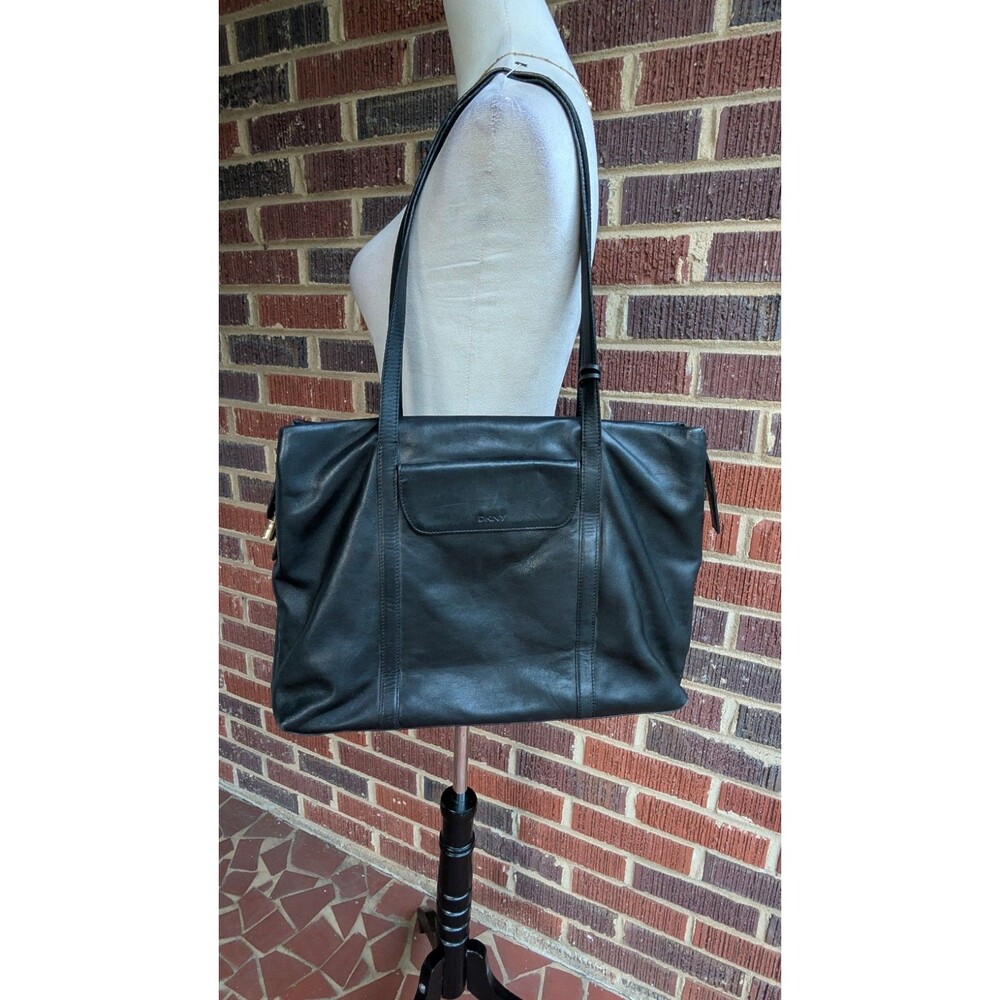 DKNY Black Soft Leather Tote Embossed Logo Shoulder Bag-Large